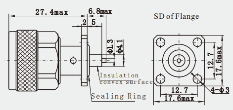 N Male 4-hole Flange RF Coaxial Connector with Insulation Convex Surface